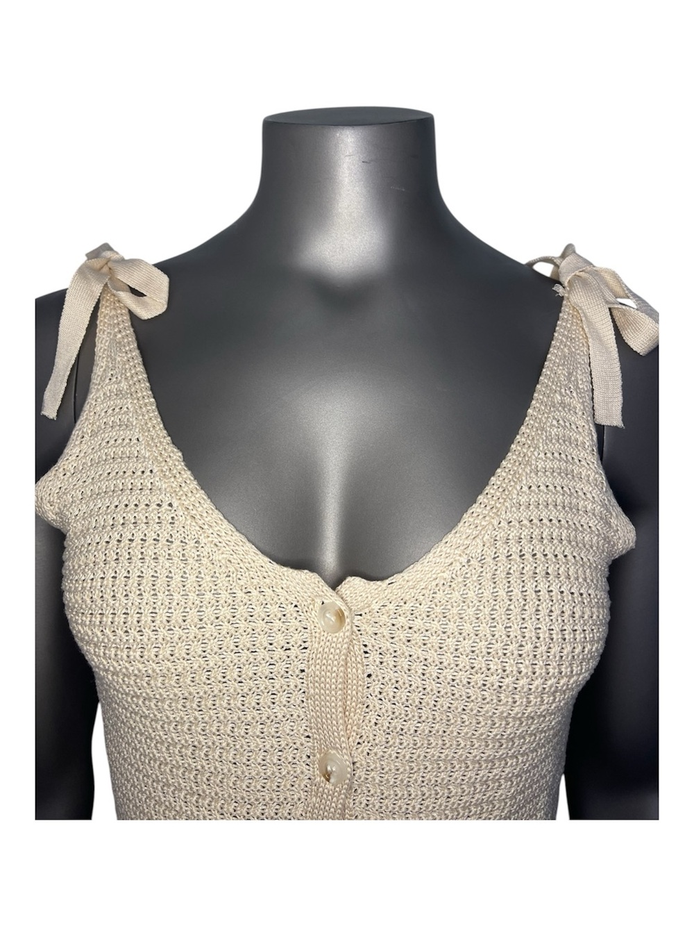 Blashe Tie-Shoulder Crochet Button-Front Tank Top Cream Viscose Neutral Sexy - Picture 4 of 10